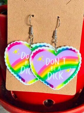 Don't Be a Dick" Rainbow Heart Statement Dangle Earrings Funny Acrylic